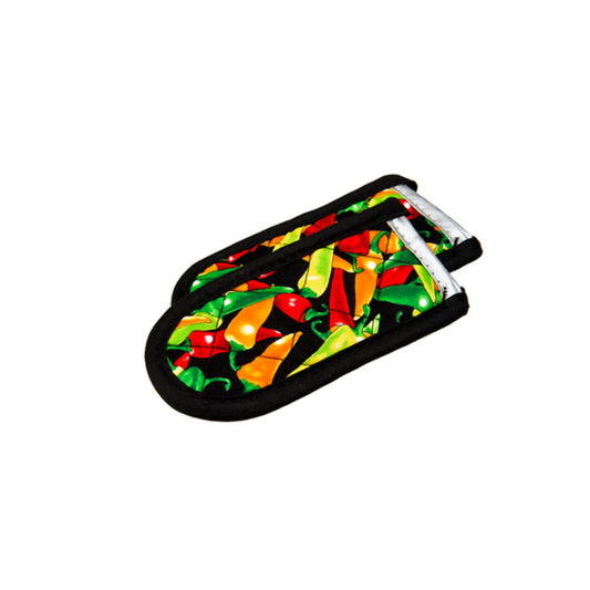 Set of 2 handle holders with red, green and orange peppers scatter throughout on a black background and lining.