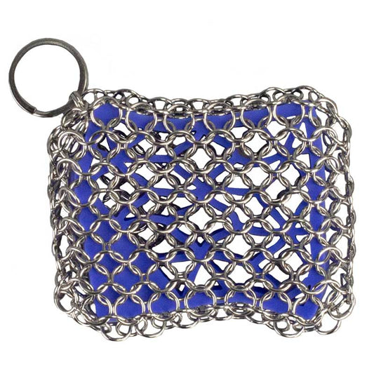 Chainmail scrubber with silver chains and blue interior.