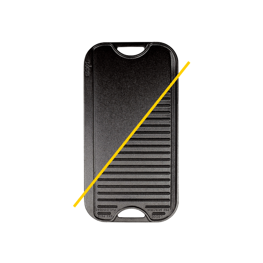 Griddle/grill pan with yellow line in middle showing both sides of pan..