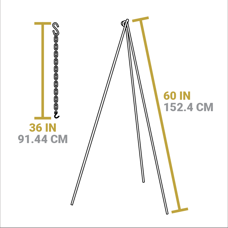 Dimensional drawing of product. Length of tripod legs is 60 inches, length of chain is 36 inches.
