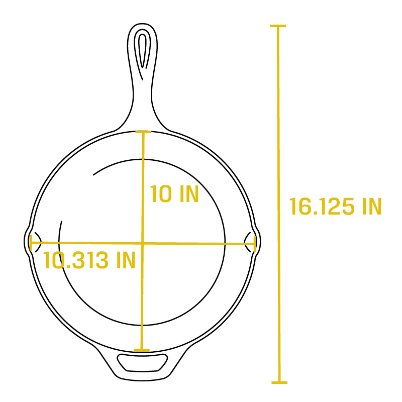 Dimensional drawing of product. Total length including handle is 16.125 inches, length of cooking surface is 10 inches, width of cooking surface from pour spout to pour spout is 10.313 inches.