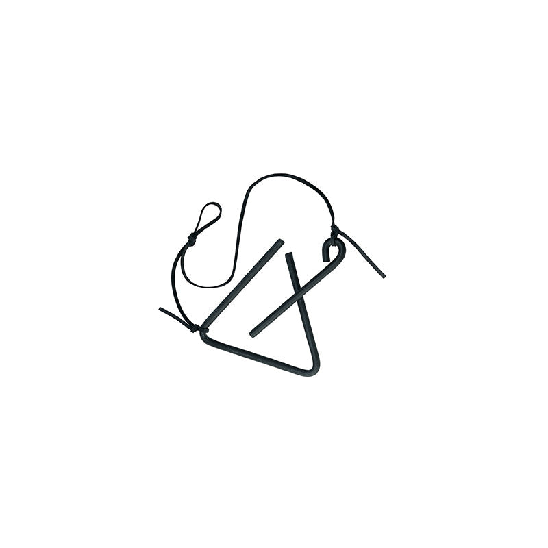 Triangular bell with rope to hang and hold rod to chime.