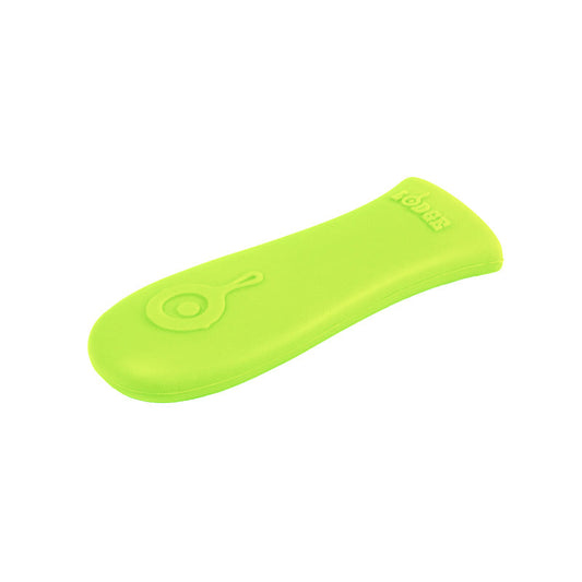Green silicone handle holder with Lodge branding embossed.