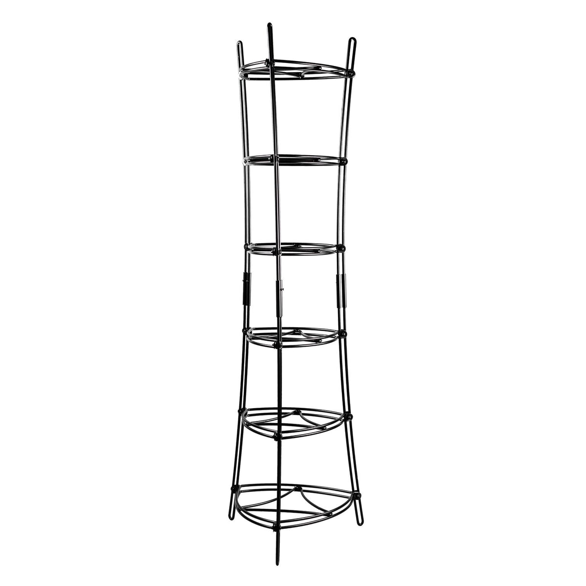 Black metal shelf with 6 shelves that get wider at top and bottom and thinner in middle.