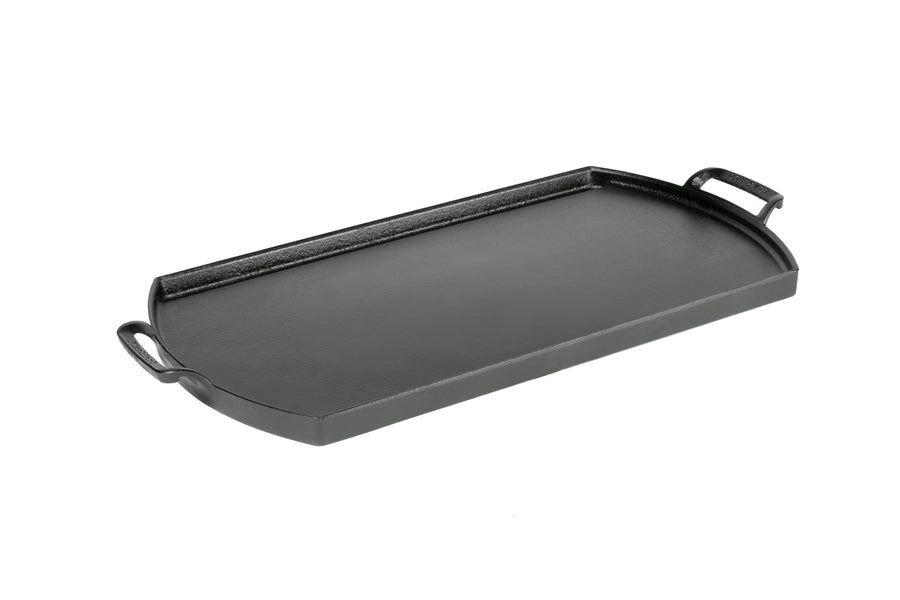 Rectangular shaped griddle with 2 handles, short sides are curved outwards.