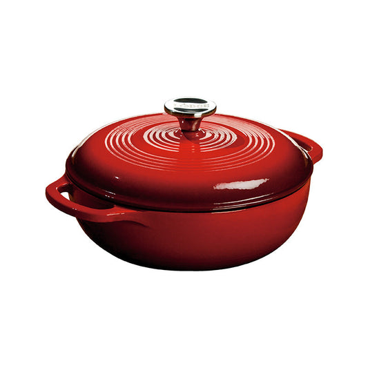 Red gradient enameled cast iron Dutch oven with lid, both pieces have light red on top and darken towards the bottom.