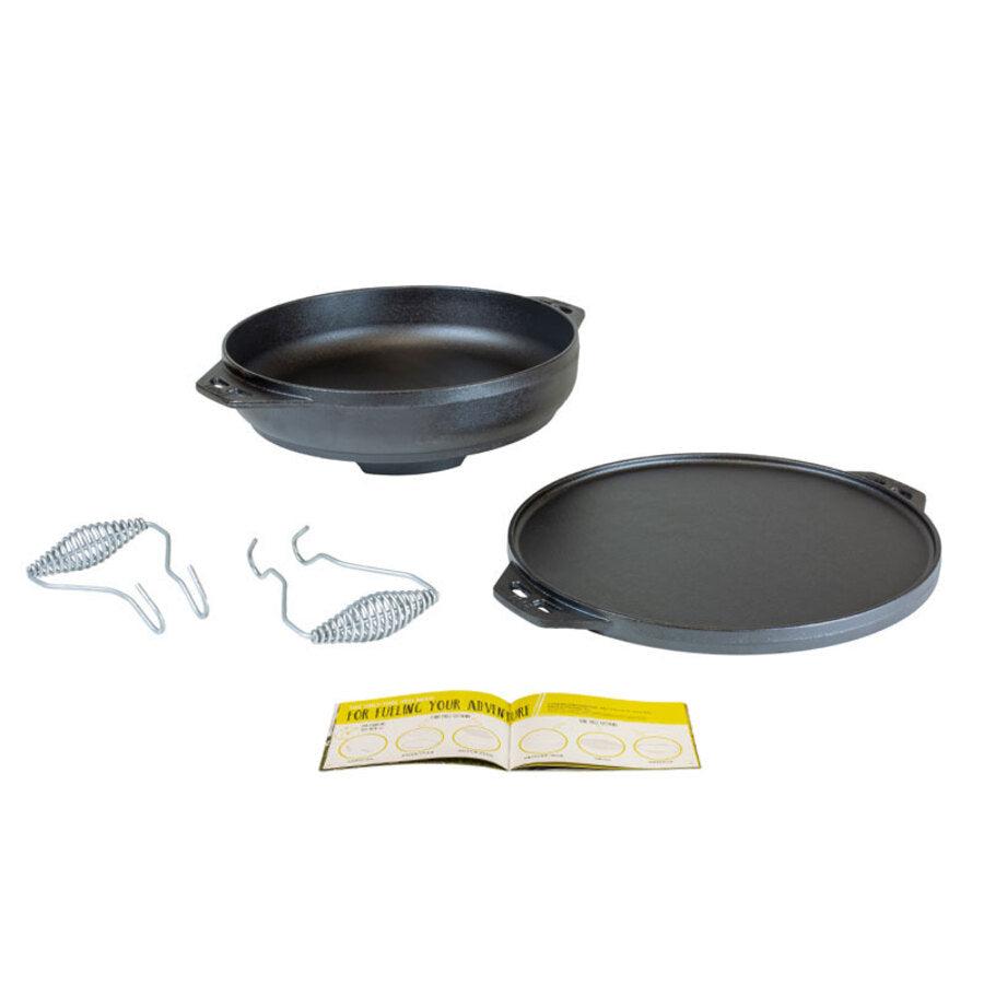 Cook-it-all pieces including 2 hook and carry handles, instruction book, and 2 pieces of cast iron that can be used as a griddle, grill pan, wok, and lid.
