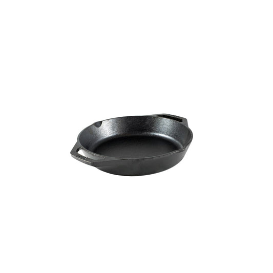 View of pan interior, pan has 2 pour spots and 2 loop handles.