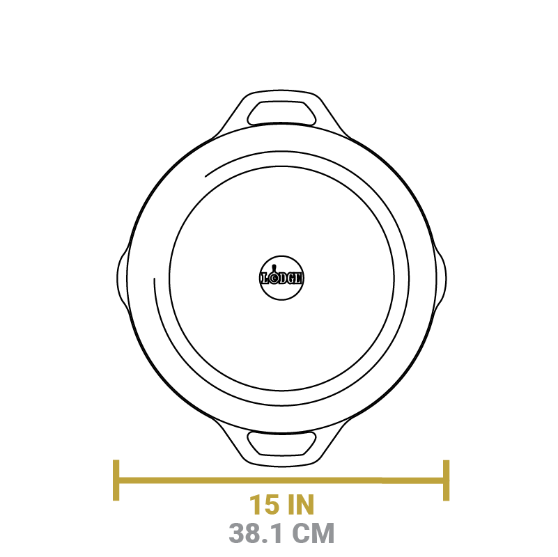 Dimensional drawing of product. Length from pour spout to pour spout is 15 inches.