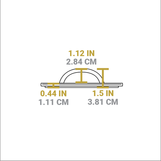 Dimensional drawing of product. Total height is 1.5 inches, height of handle is 1.12 inches, height of press portion is 0.44 inches.