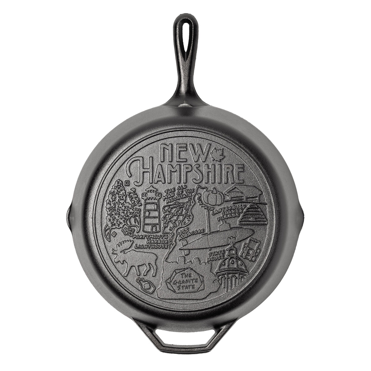 Cast iron skillet with the bottom engraved with beloved icons and monuments from New Hampshire.