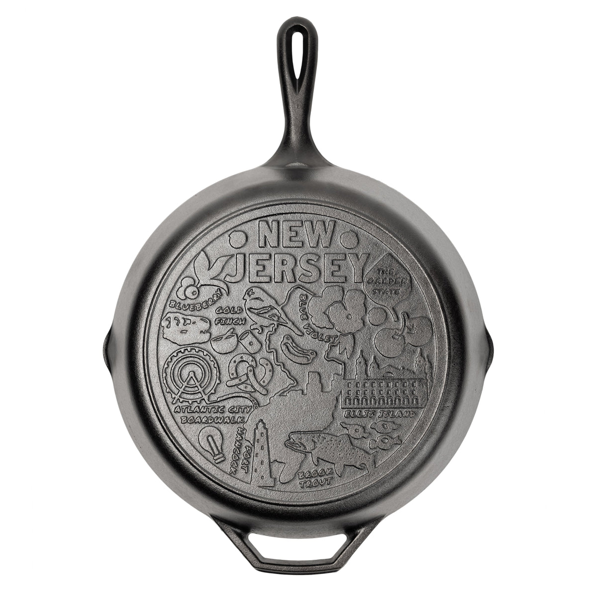 Cast iron skillet with the bottom engraved with beloved icons and monuments from New Jersey.