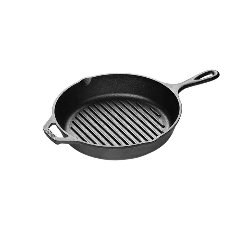 Round pan with grill lines on cooking surface and 2 pour spouts, along with a long handle and loop handle on opposite side.