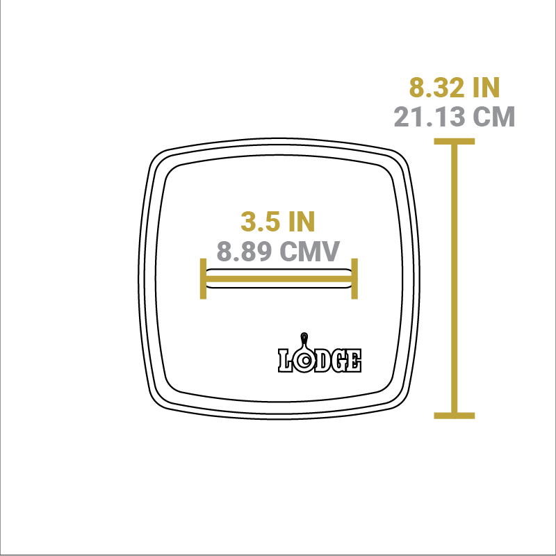 Dimensional drawing of product. Width of handle is 3.5 inches, width of press is 8.32 inches.