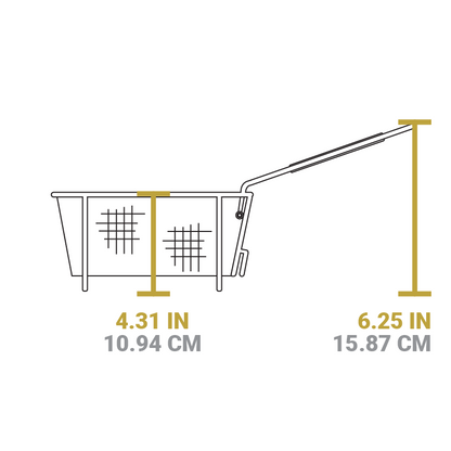A dimensional drawing of product. Depth of basket is 4.31 inches, total height from bottom to top of handle is 6.25 inches.