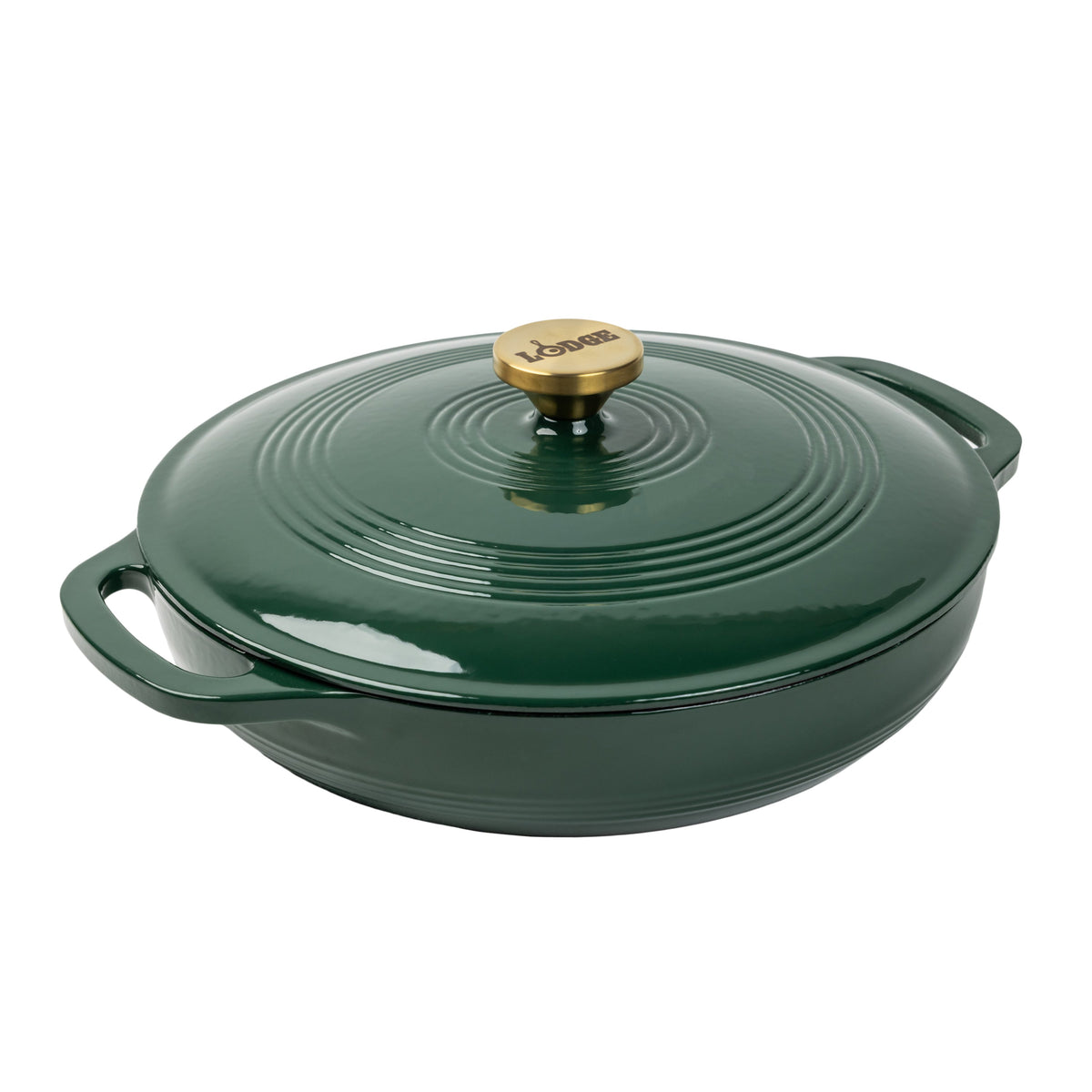 A dark green enameled cast iron braiser with a matching lid and a gold-tone knob, shown on a solid white background.
