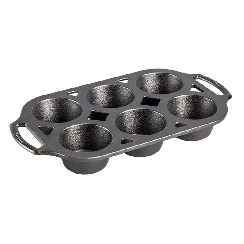 Cast iron muffin pan with 6 muffin cups.