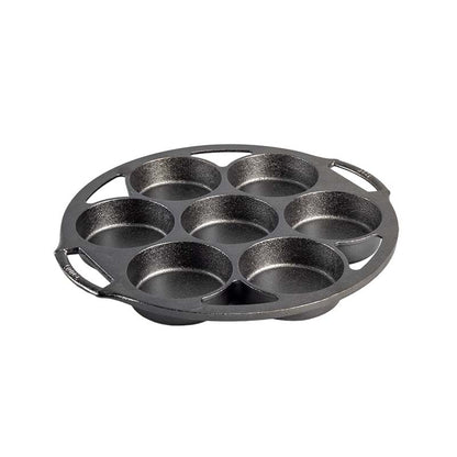 Circular pan with 7 cake cups and 2 handles.