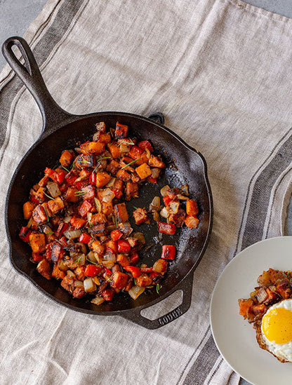Freshly prepared skillet hash, served in skillet.