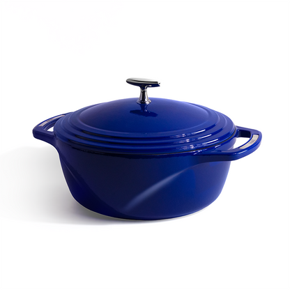 Blue enameled cast iron Dutch oven with a lid on a white background