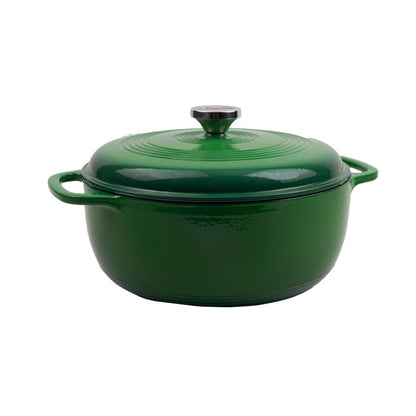 Green gradient enameled cast iron Dutch oven with lid, both pieces have light green on top and darken towards the bottom.