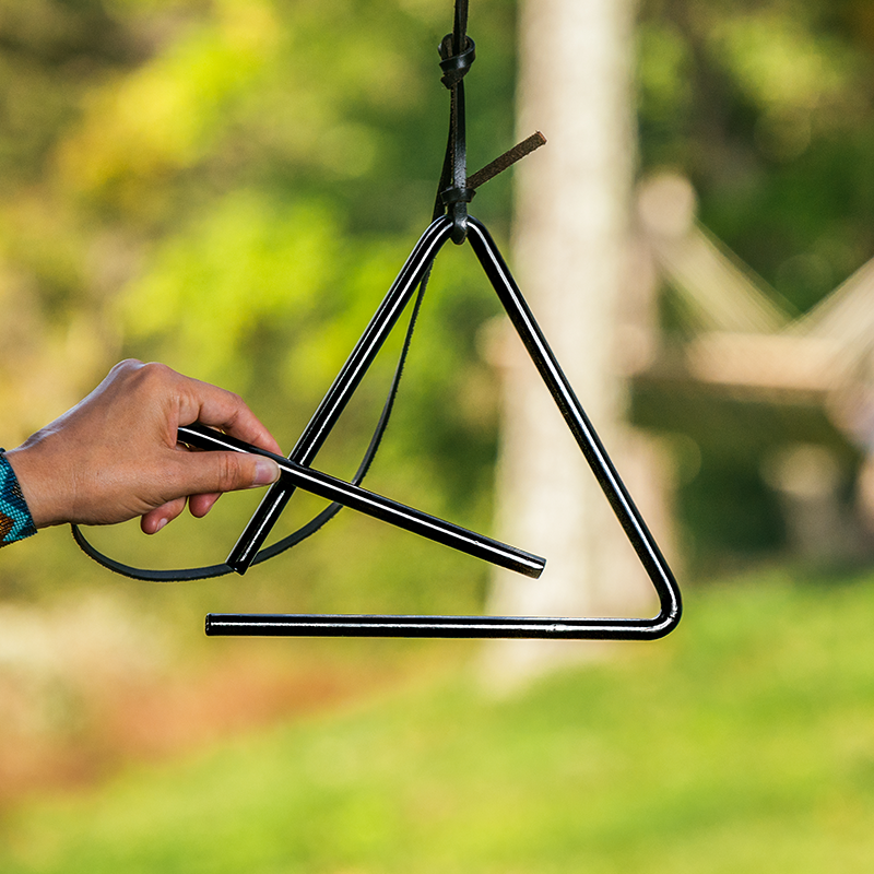 Someone ringing hanging bell with attached rod.