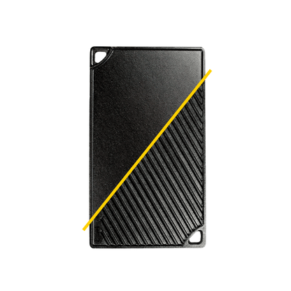 Rectangular griddle/grill pan with a yellow line through center to visualize both sides.