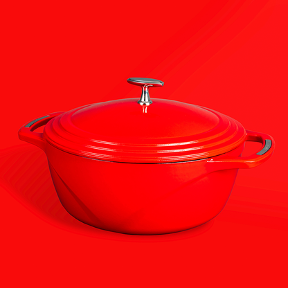 Red dutch oven on red background.