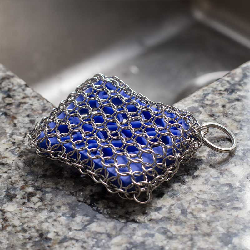 Scrubber on counter near sink.