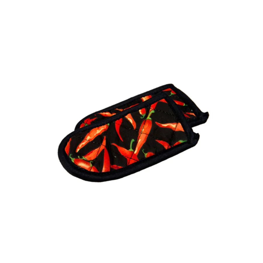 Set of 2 handle holders with red chili peppers scattered throughout on a black background with black lining.