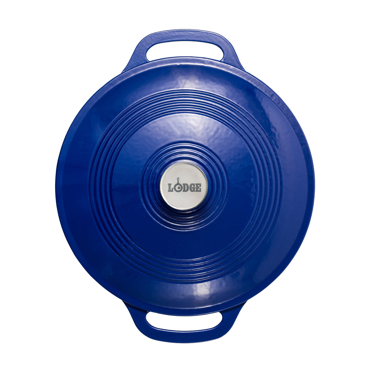 A blue Lodge round braiser with integrated handles and a silver center knob featuring the Lodge logo, shown against a plain white background.