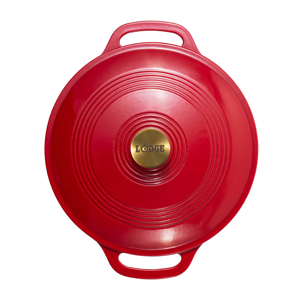 Red pot with a gold 'Lodge' logo on a white background