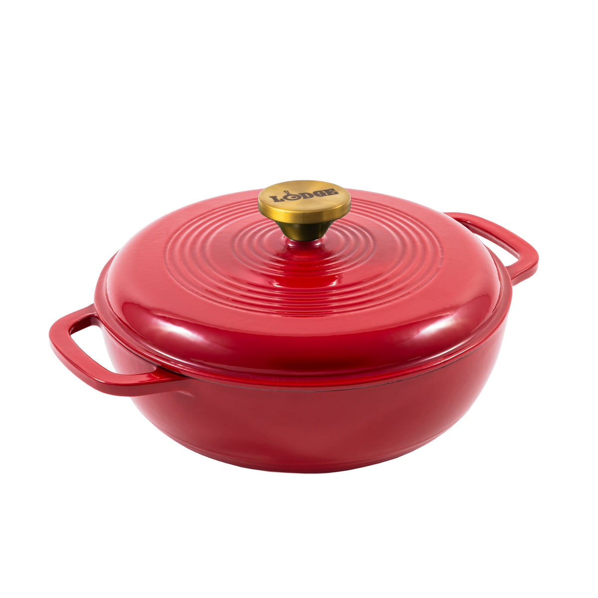 A red enameled cast iron Dutch oven with a matching lid and gold-tone knob, shown on a plain white background.