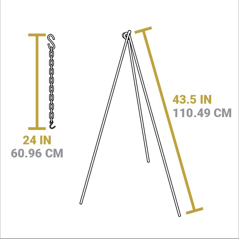 Dimensional drawing of product. Length of tripod legs is 43.5 inches, length of chain is 24 inches.
