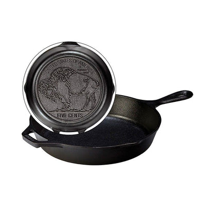 Black cast iron skillet with a long handle, loop handle, and 2 pour spouts.