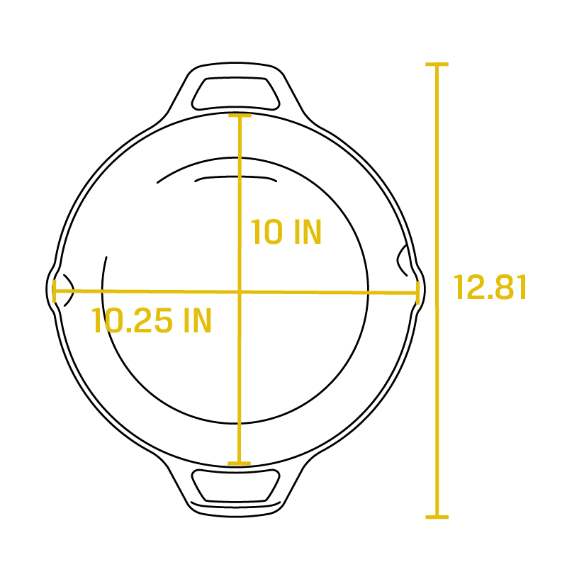 Dimensional drawing of product. Width from handle to handle is 2.81 inches, width of cooking surface is 10 inches, length of cooking surface from pour spout to pour spout is 10.25 inches.