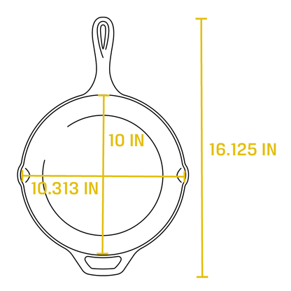 Dimensional drawing of product. Total length including handle is 16.125 inches, length of cooking surface is 10 inches, width of cooking surface from pour spout to pour spout is 10.313 inches.