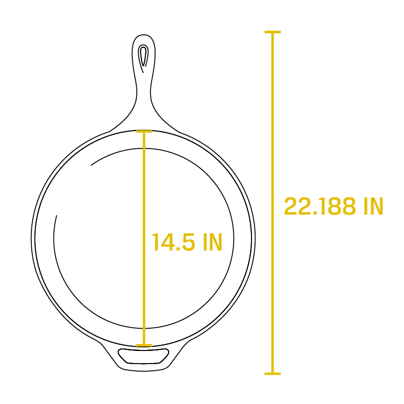 Dimensional drawing product. Full length is 22.188 inches, length of cooking surface is 14.5 inches.