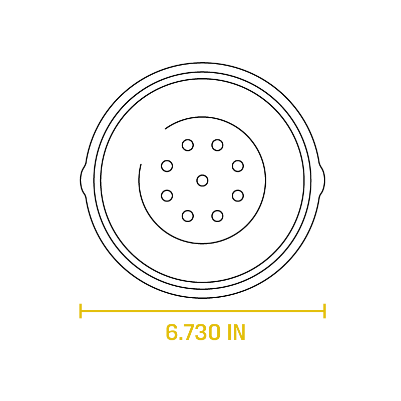 Dimensional drawing of product. Diameter is 6.730 inches.