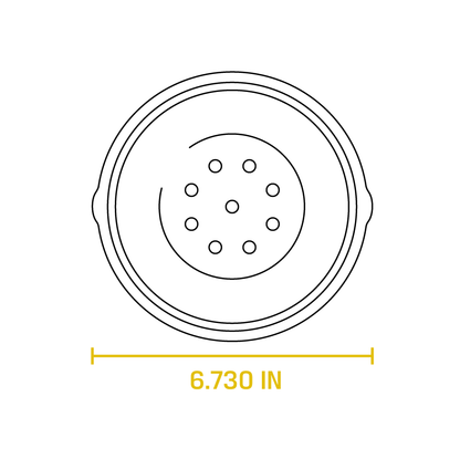 Dimensional drawing of product. Diameter is 6.730 inches.
