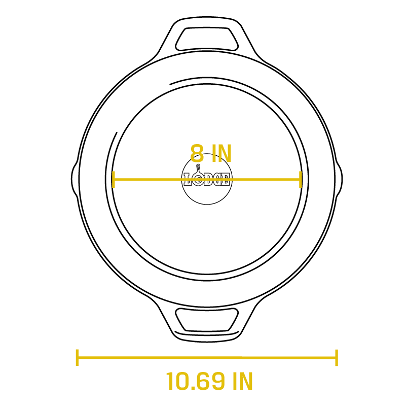 Dimensional drawing of product. Flat bottom width is 8 inches, total width is 10.69 inches.