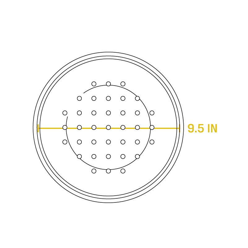 Dimensional drawing of product. Diameter is 9.5 inches.