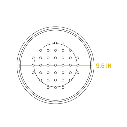 Dimensional drawing of product. Diameter is 9.5 inches.