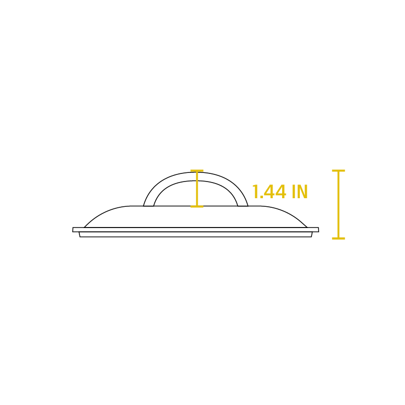 Dimensional drawing of product. Height of handle from lid is 1.44 inches.