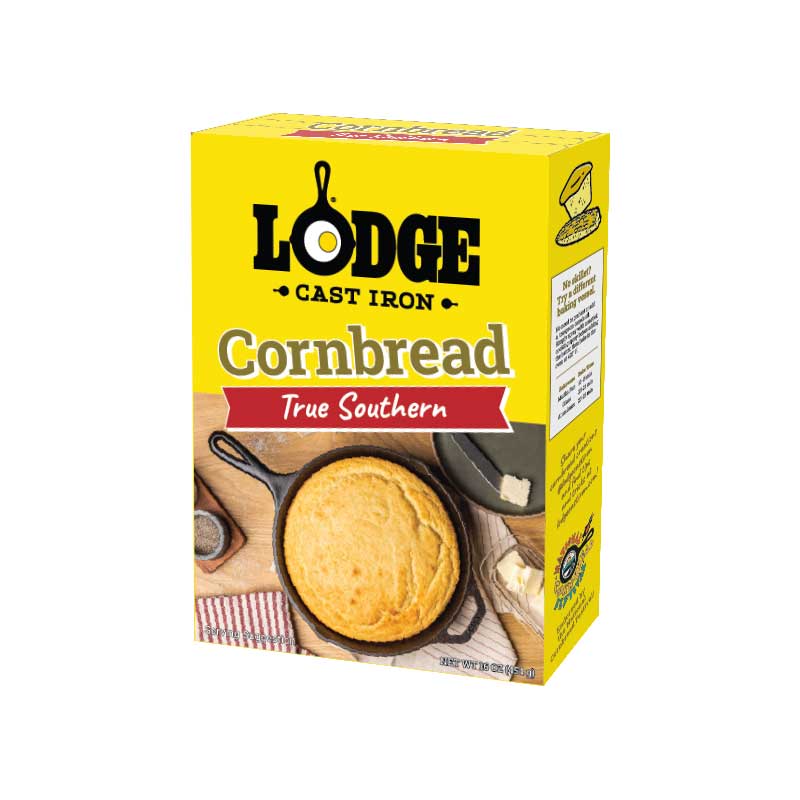 Lodge Cast Iron Cornbread mix packaging on a white background