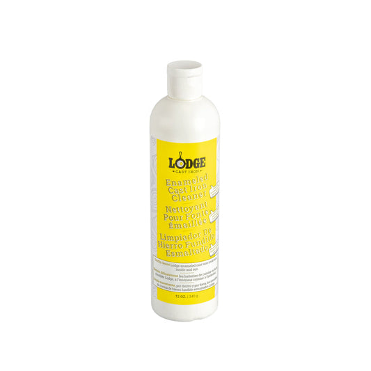 White bottle with yellow label containing enameled cast iron cleaner.