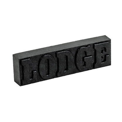Black rectangular block with 'LODGE' embossed on a white background