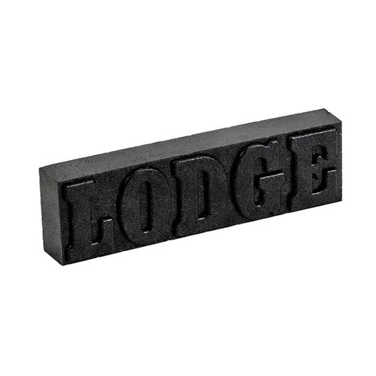 Black rectangular block with 'LODGE' embossed on a white background