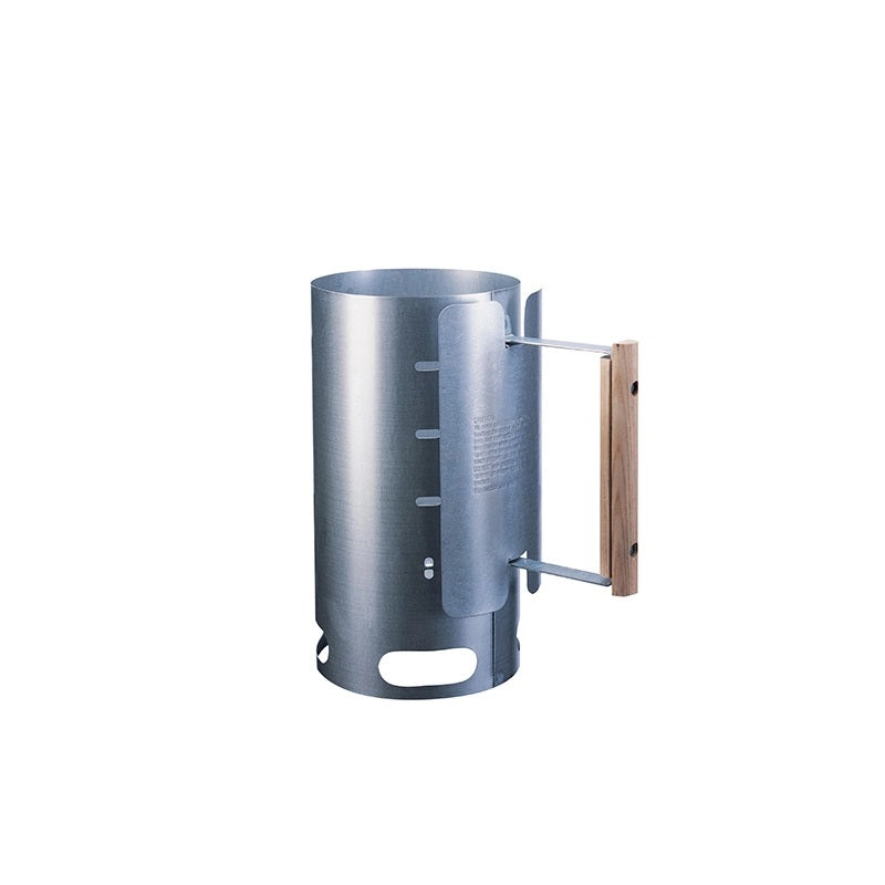 Metal chimney starter with wooden handle.