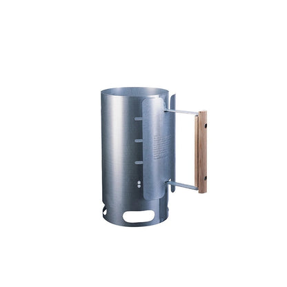 Metal chimney starter with wooden handle.